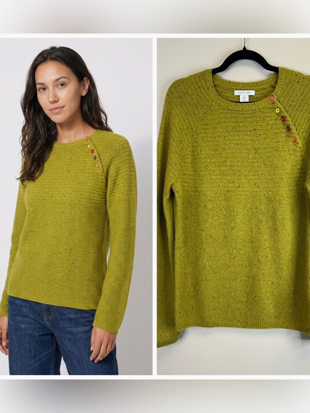 Tabitha Webb Lambswool Moss Green Crewneck Sweater Shoulder Buttons Size L